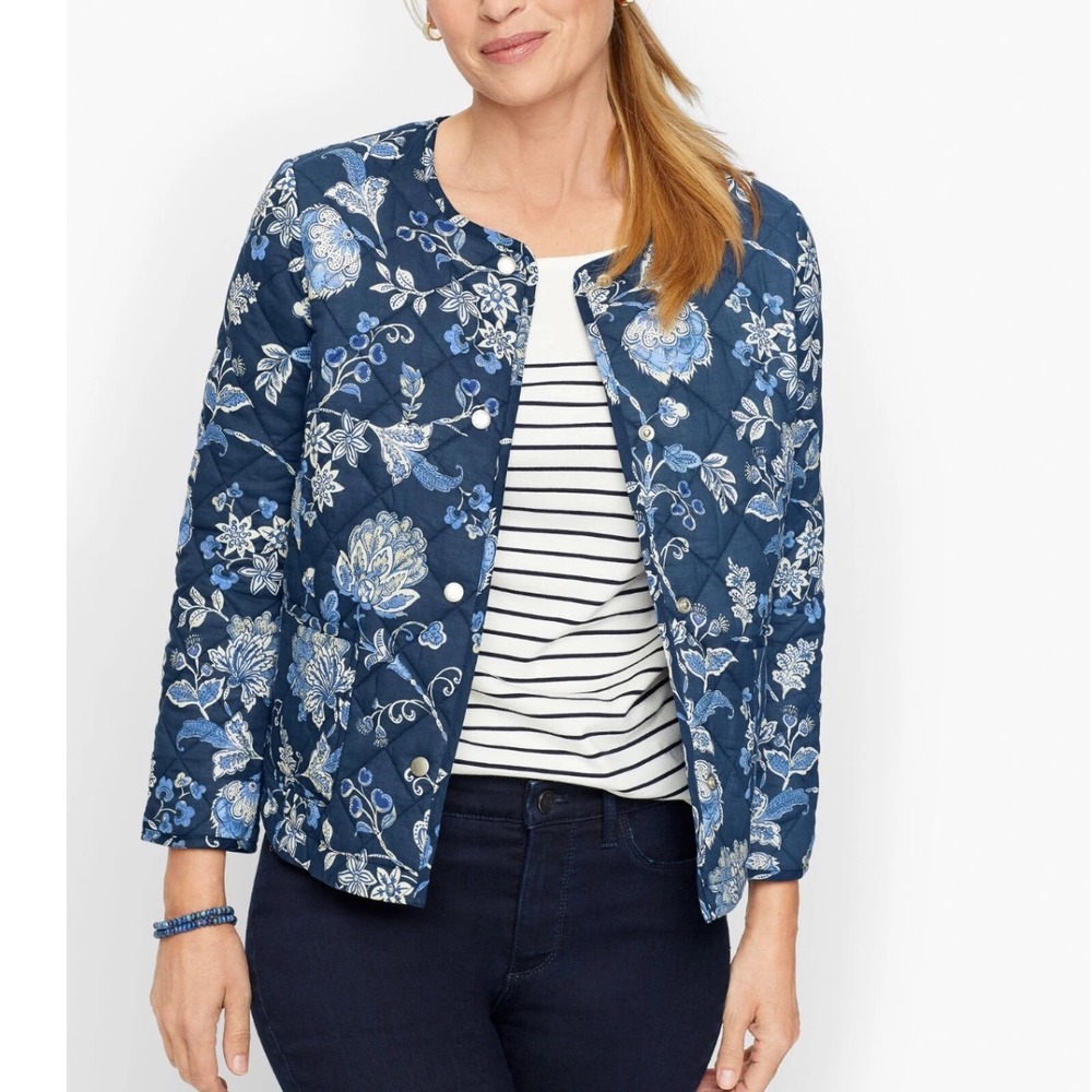 Talbots‎ Women MP Jacobean Quilted Jacket Blue Floral Cottage French Country